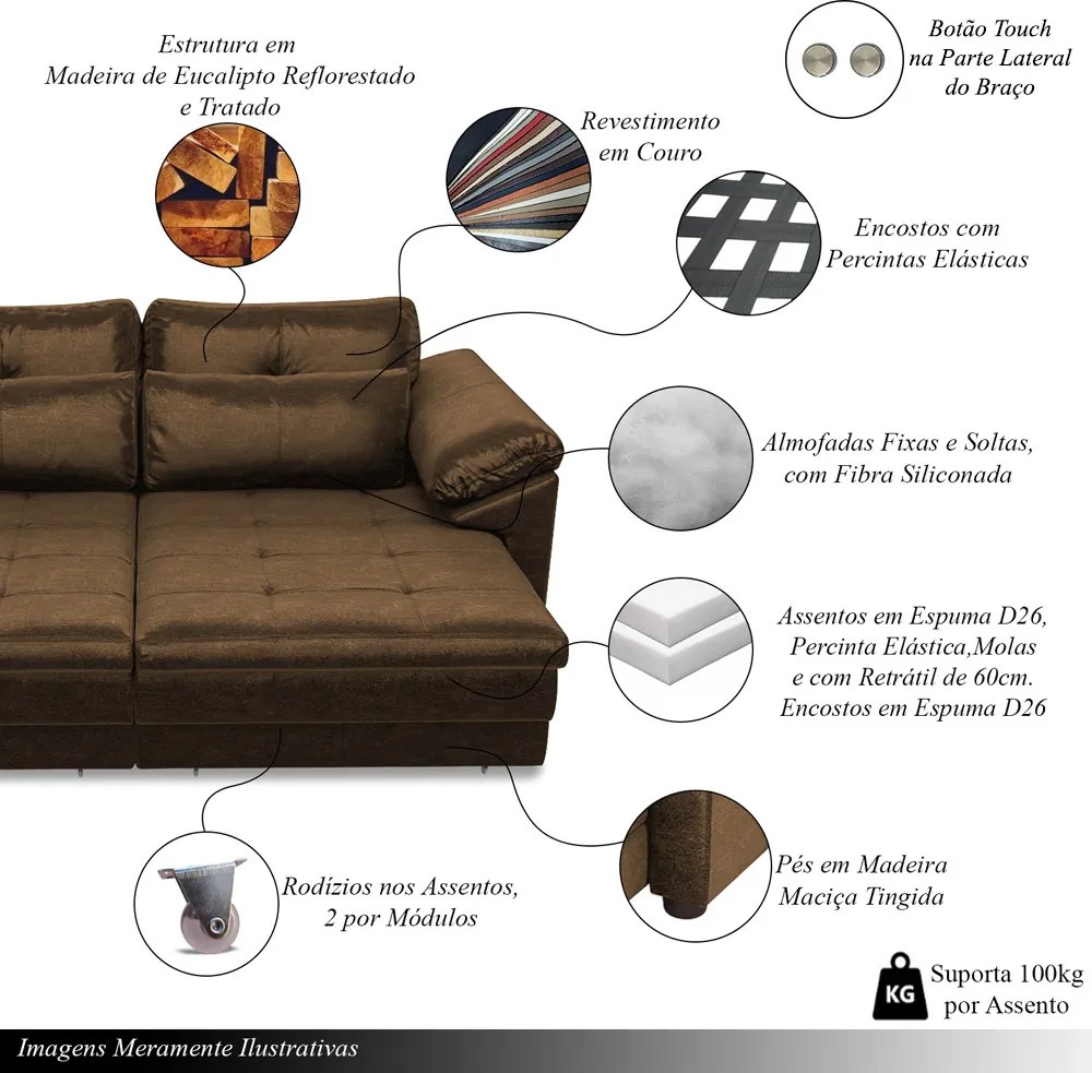 Sofá Retrátil Elétrico Sala de Estar Nolan Bipartido 257cm Conforto Premium em Couro Marrom Chocolate Manchado G58 - Gran Belo