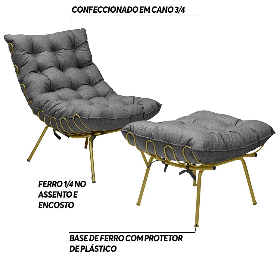 Conjunto Decorativo Poltrona e Puff Abel Base de Ferro Dourada Linho Grafite G41 - Gran Belo