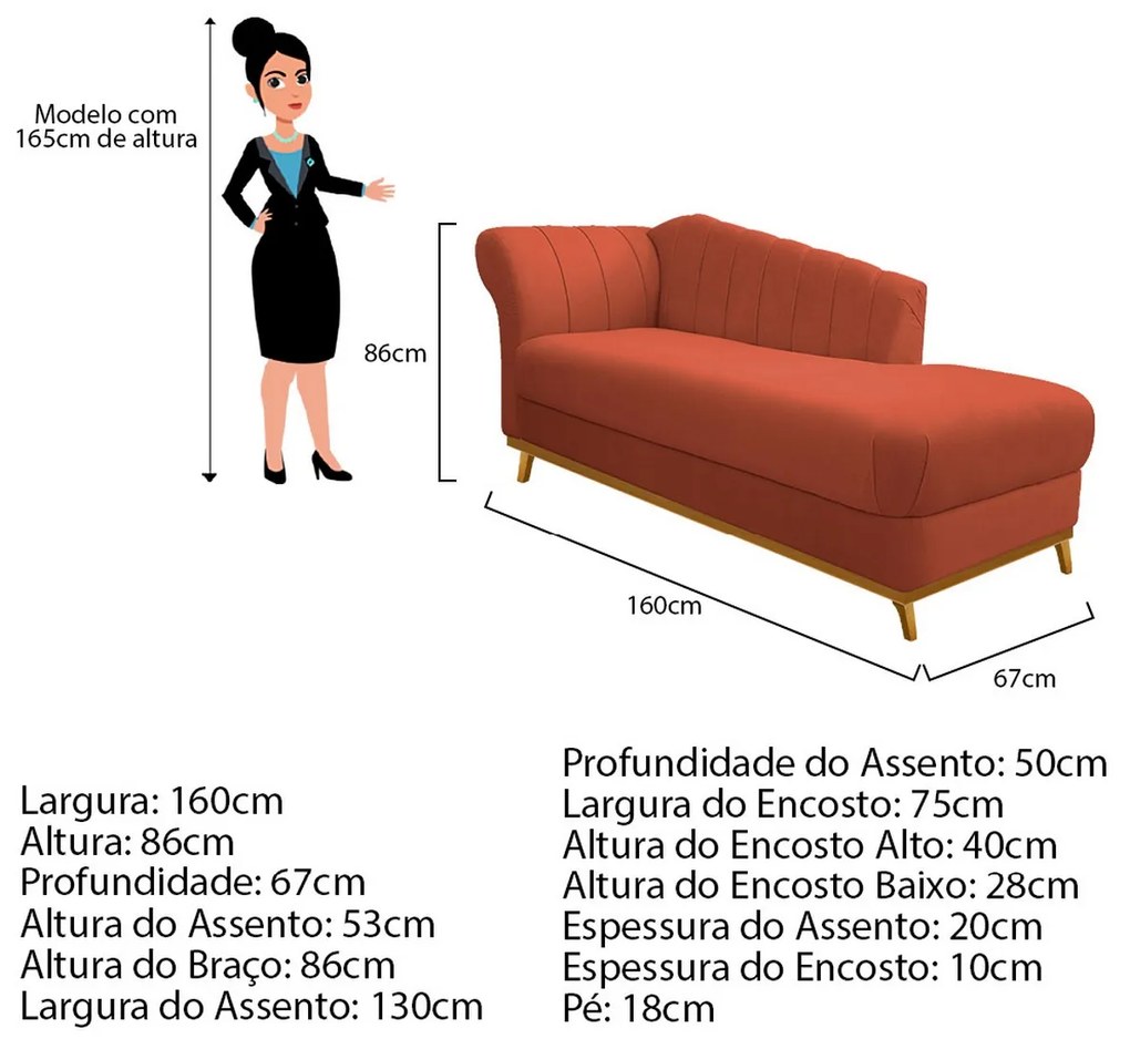Recamier Vanessa 160cm Lado Esquerdo Suede Terracota - ADJ Decor