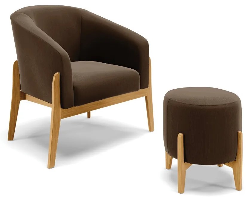 Poltrona com Puff Base de Madeira Stella Suede Marrom D03 - D'Rossi