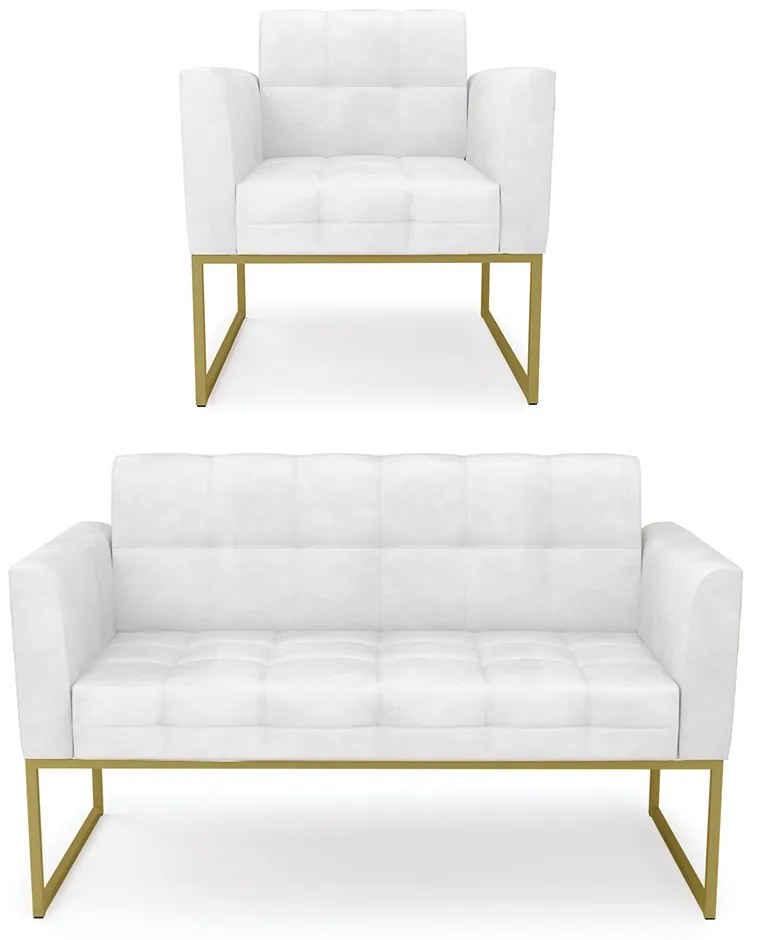 Kit 1 Sofá Namoradeira e 1 Poltrona Elisa Corano Branco Base Metálica Industrial Dourado - D'Rossi