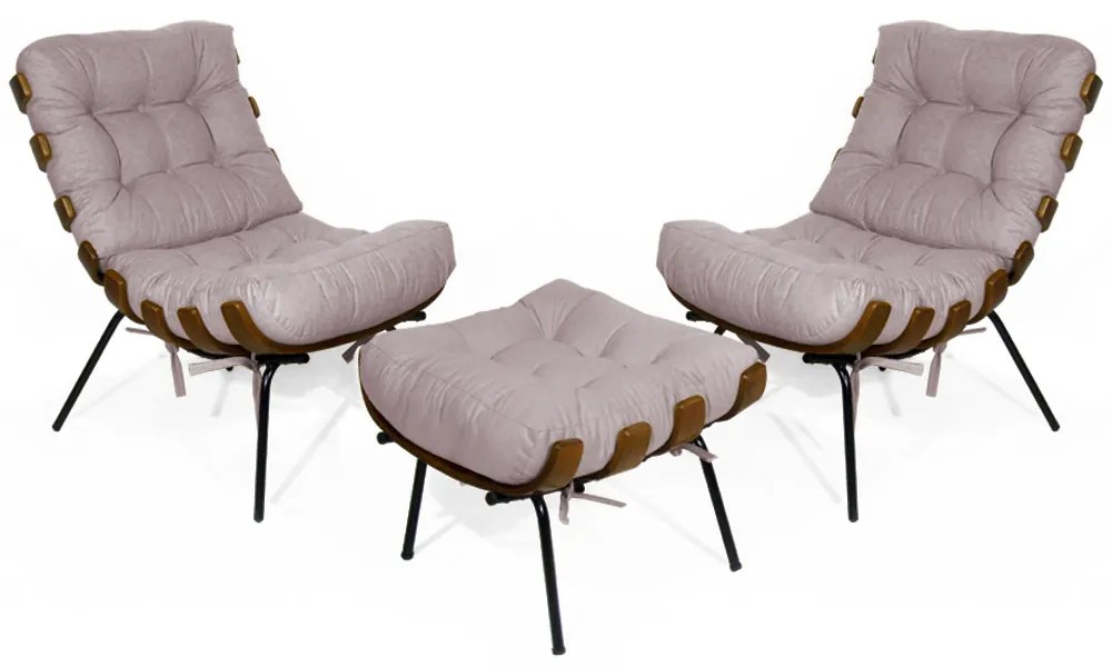 Kit 2 Poltronas Decorativa Costela Com Puff Costela Suede Crepe