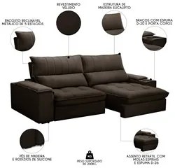 Sofá Retrátil 3 Lugares com Porta Copo 250cm Andes F05 Veludo Marrom E