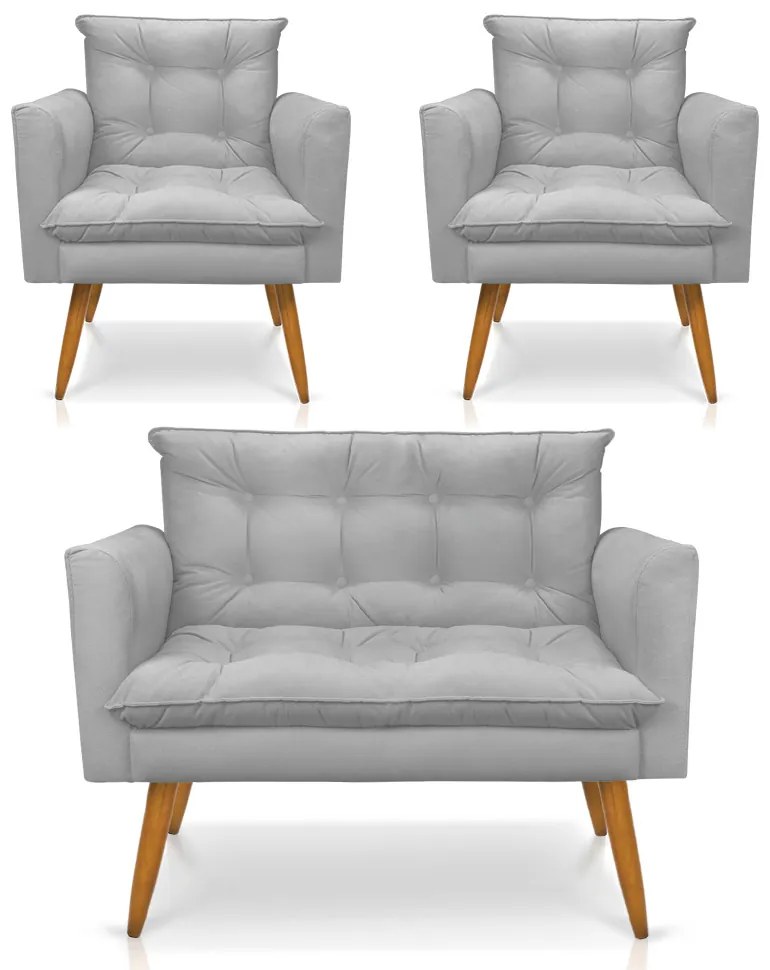 Kit 1 Sofá Namoradeira e 2 Poltronas Tais Suede Pés Palito Castanho - D'Rossi - Cinza