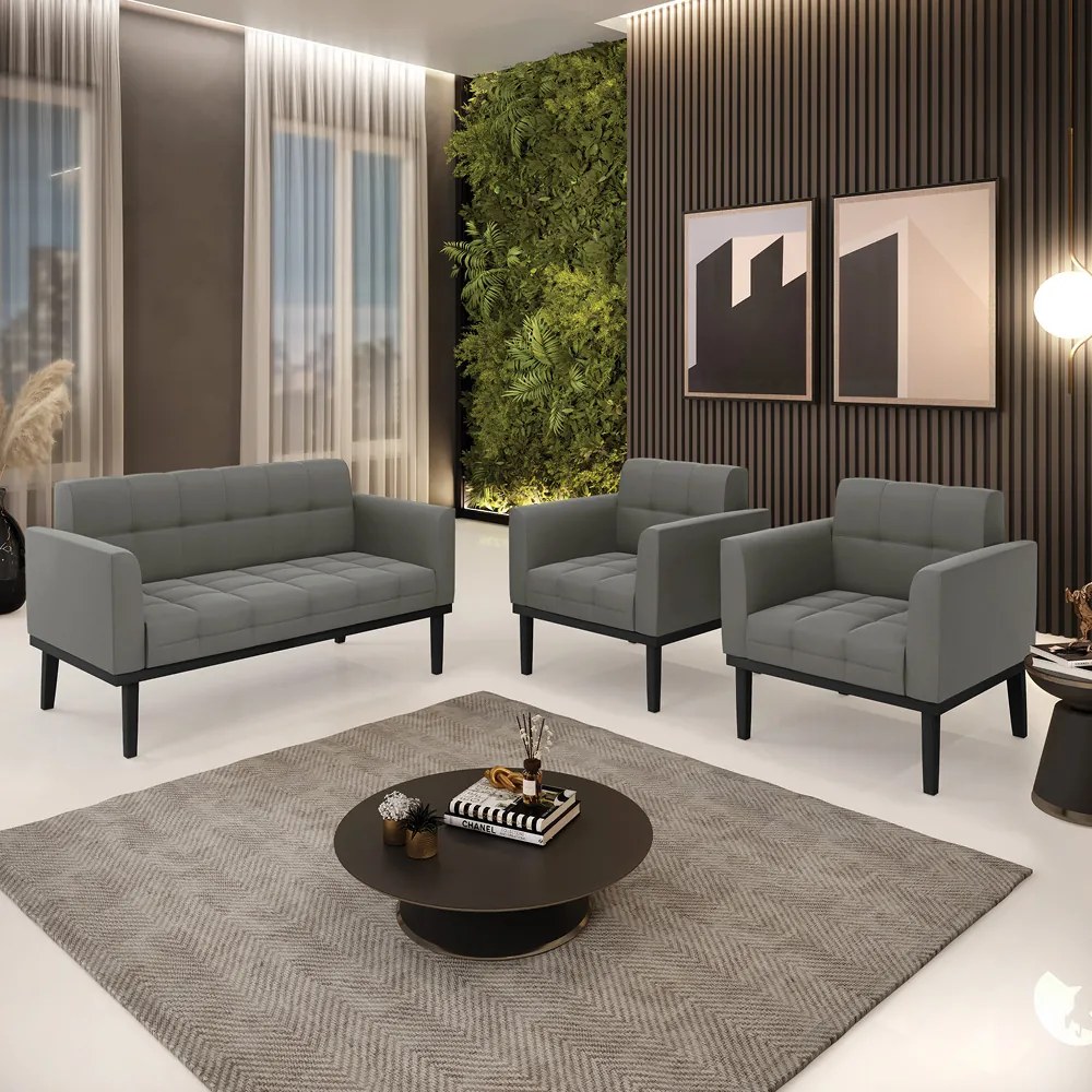 Sofá Namoradeira e 2 Poltronas Base de Madeira Preto Elisa Suede D03 - D'Rossi - Grafite