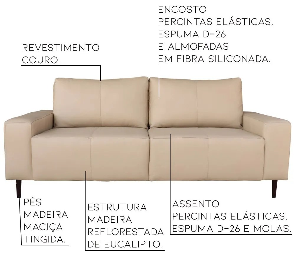 Sofá 03 Lugares Sala de Estar Recepção 240cm Bipartido Brad Couro Bege G58 - Gran Belo