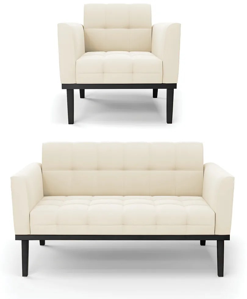 Conjunto Poltrona e Namoradeira Decorativa Karen Pés Fixo em Madeira Preto Veludo Bege G19 - Gran Belo