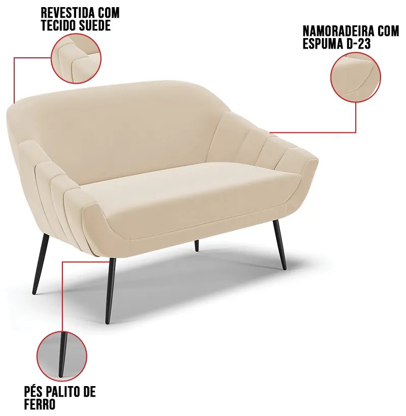 Kit 01 Namoradeira 02 Lugares e 01 Poltrona Giovana Suede Pés Palito de Ferro D01 - D'Rossi - Bege