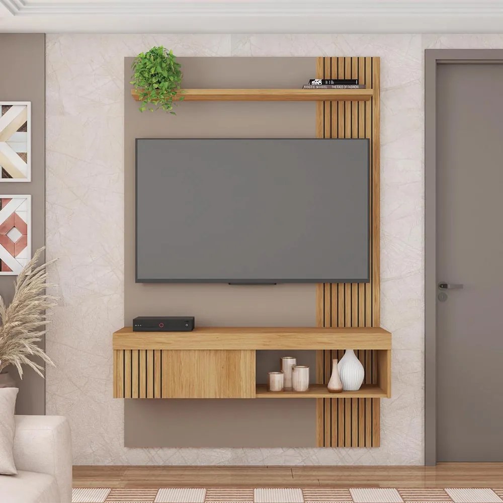 Painel TV 45 Pol 120cm Bancada Suspensa Ripado Luana C01 - D'Rossi - Fendi/Buriti