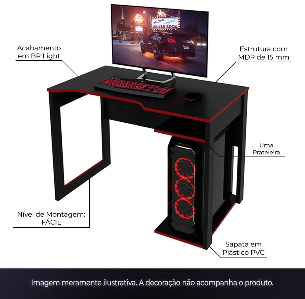 Mesa para Escritório Home Office Gamer ME4161 MDP Preto/Vermelho G69 - Gran Belo