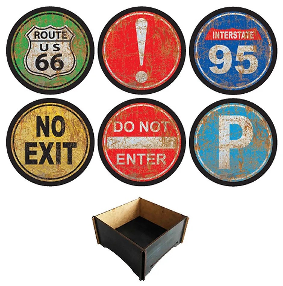 Kit 06 Bolachas Porta Copos Redondos Placas de Trânsito 10 cm - D'Rossi