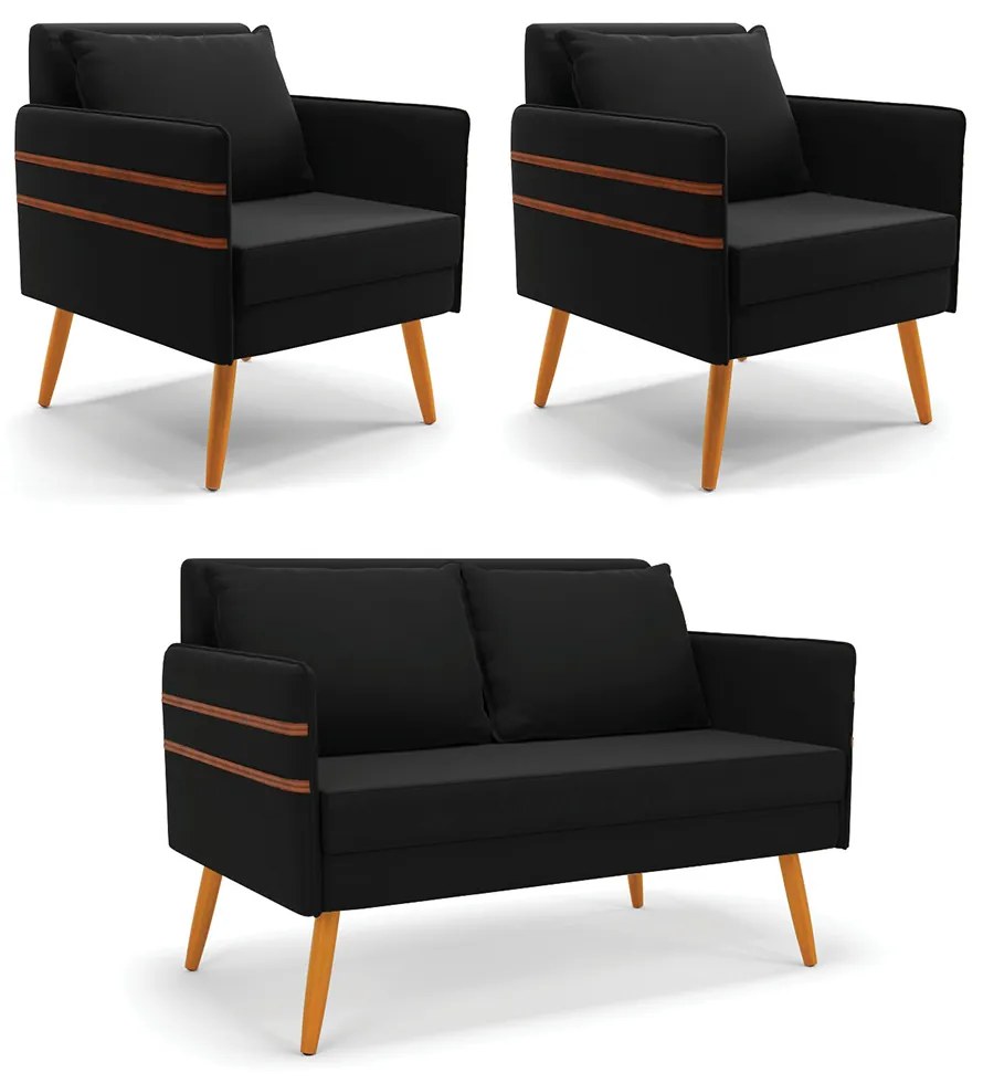 Kit 01 Namoradeira 02 Lugares e 02 Poltronas Mari Suede Pés Palito Castanho - D'Rossi - Preto