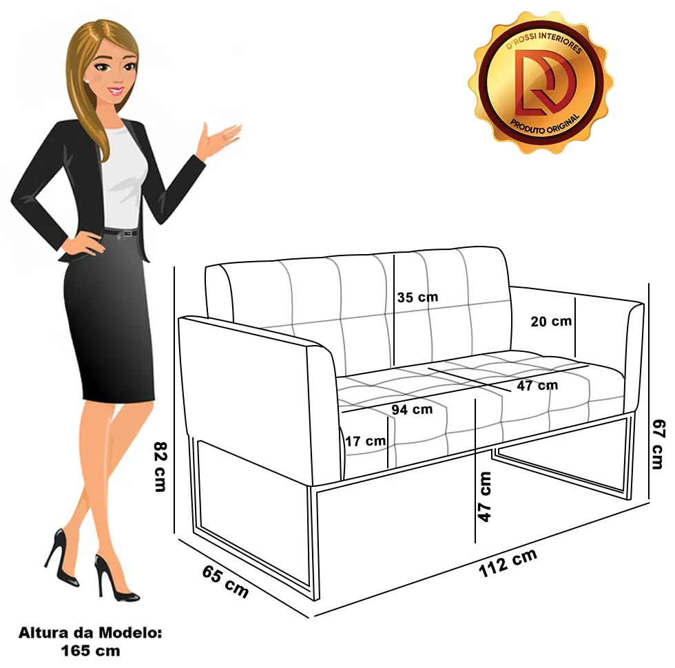 Sofá Namoradeira Elisa Corano Preto Base Metálica Industrial Preto D03 - D'Rossi