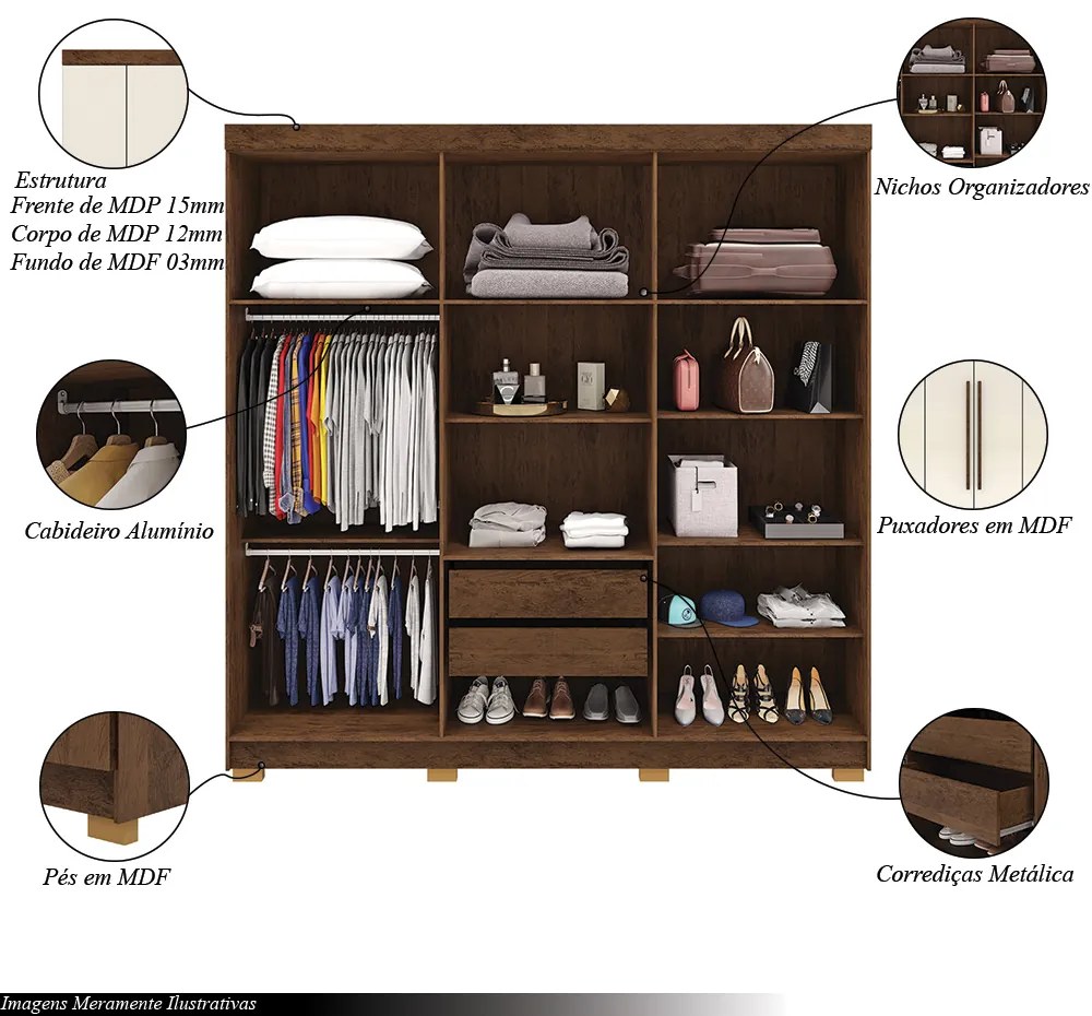 Guarda Roupa Casal Doral 218cm 6 Portas de Bater 2 Gavetas Nogueira/OffWhite G98 - Gran Belo