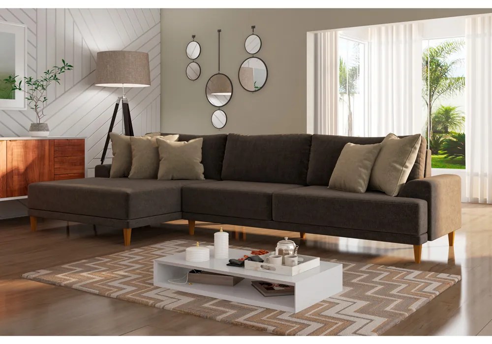 Sofá com Chaise Esquerda 294cm Índico Linho Marrom G52 - Gran Belo