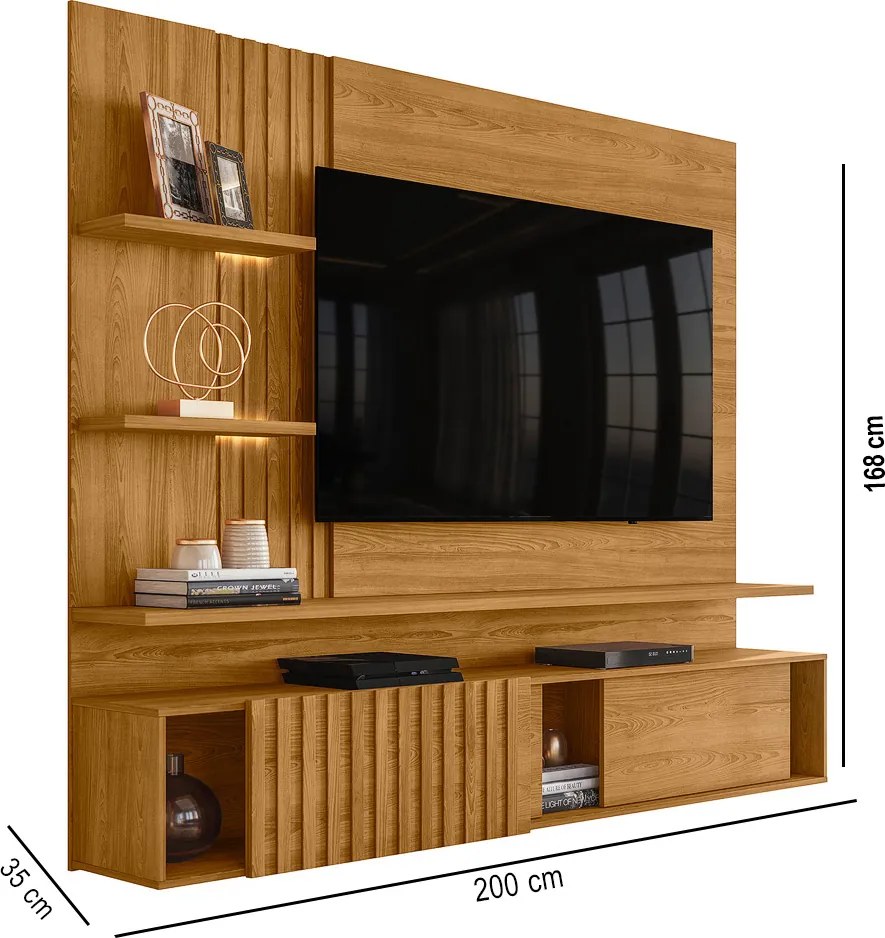 Painel TV 65 Pol 200cm Bancada Suspensa Ripado Mirellin Cumaru M20 - D'Rossi