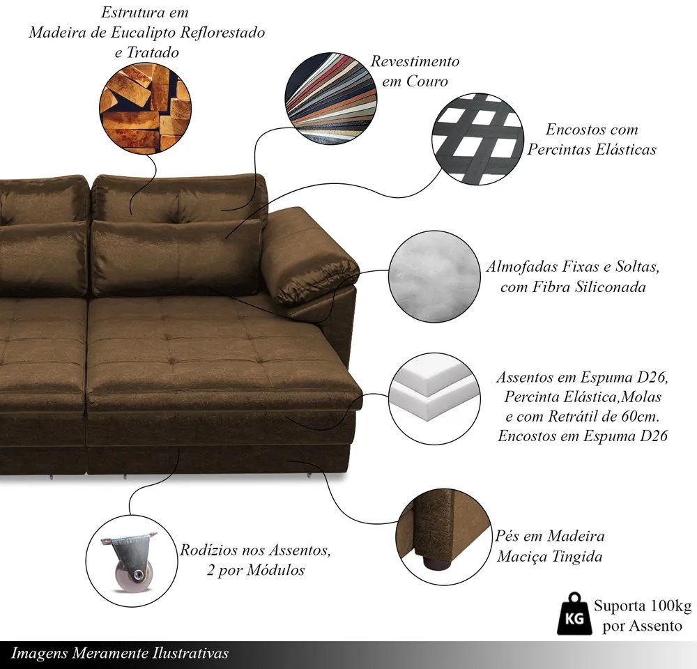 Sofá Retrátil Manual Sala de Estar Nolan Bipartido 250cm Conforto Premium em Couro Marrom Chocolate Manchado G58 - Gran Belo