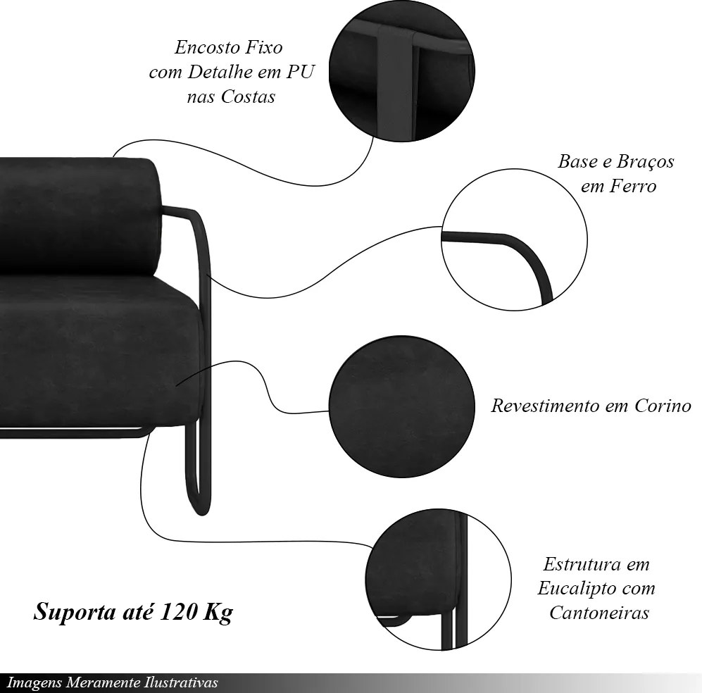 Poltrona Decorativa Sala de Estar Polatsk Base Industrial de Ferro PU Preto G33 - Gran Belo