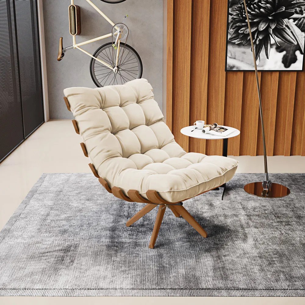 Poltrona Giratoria Costela Kit 2 Suede Base de Madeira MA30 M11 - D'Rossi - Bege