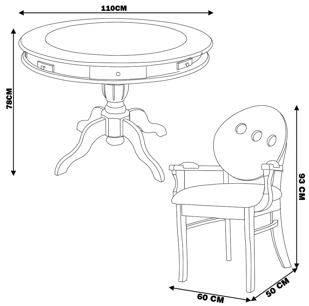 Conjunto Mesa e Poltrona de Jogos Carteado 4 Lugares J-Bonomo e Teseu Redonda Tampo Reversível com Gavetas e Porta Copos Imbuia G08 G42 - Gran Belo