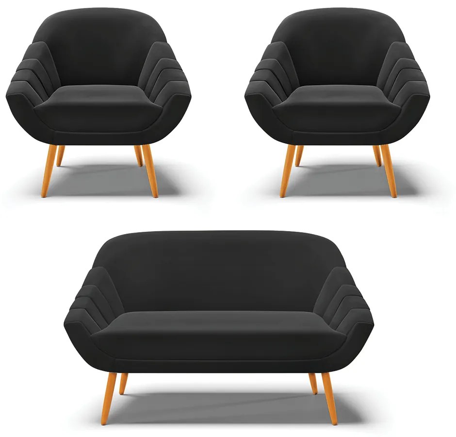 Kit 01 Namoradeira 02 Lugares e 02 Poltronas Giovana Suede Pés Palito Castanho - D'Rossi - Preto