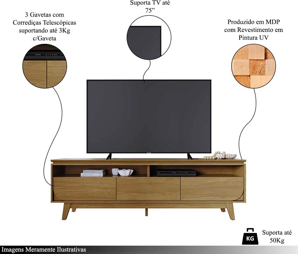 Bancada Decorativa Saiko MDP Pintura UV 3 Gavetas Corrediças Telescópicas até 75 Cumaru G97 - Gran Belo