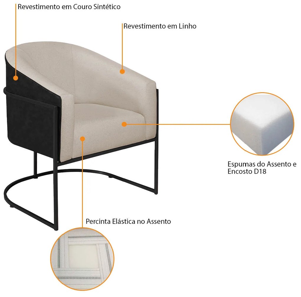 Kit 02 Poltronas Luiza Base de Ferro Preto Factor Preto e Linho - ADJ Decor