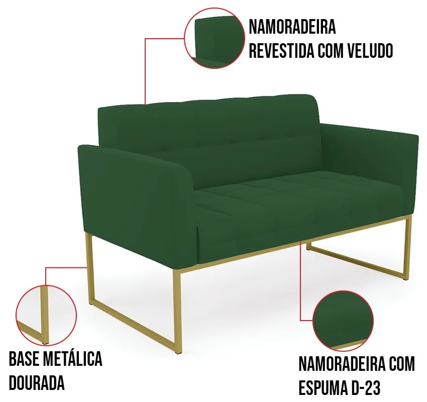 Kit 1 Sofá Namoradeira e 1 Poltrona Elisa Veludo Base Metálica Industrial Dourado D03 - D'Rossi - Verde