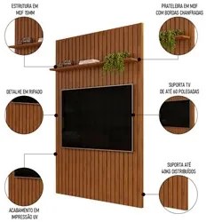 Painel para TV 60 Polegadas Ripado 143x240cm Pratisk D04 Freijó - Mpoz