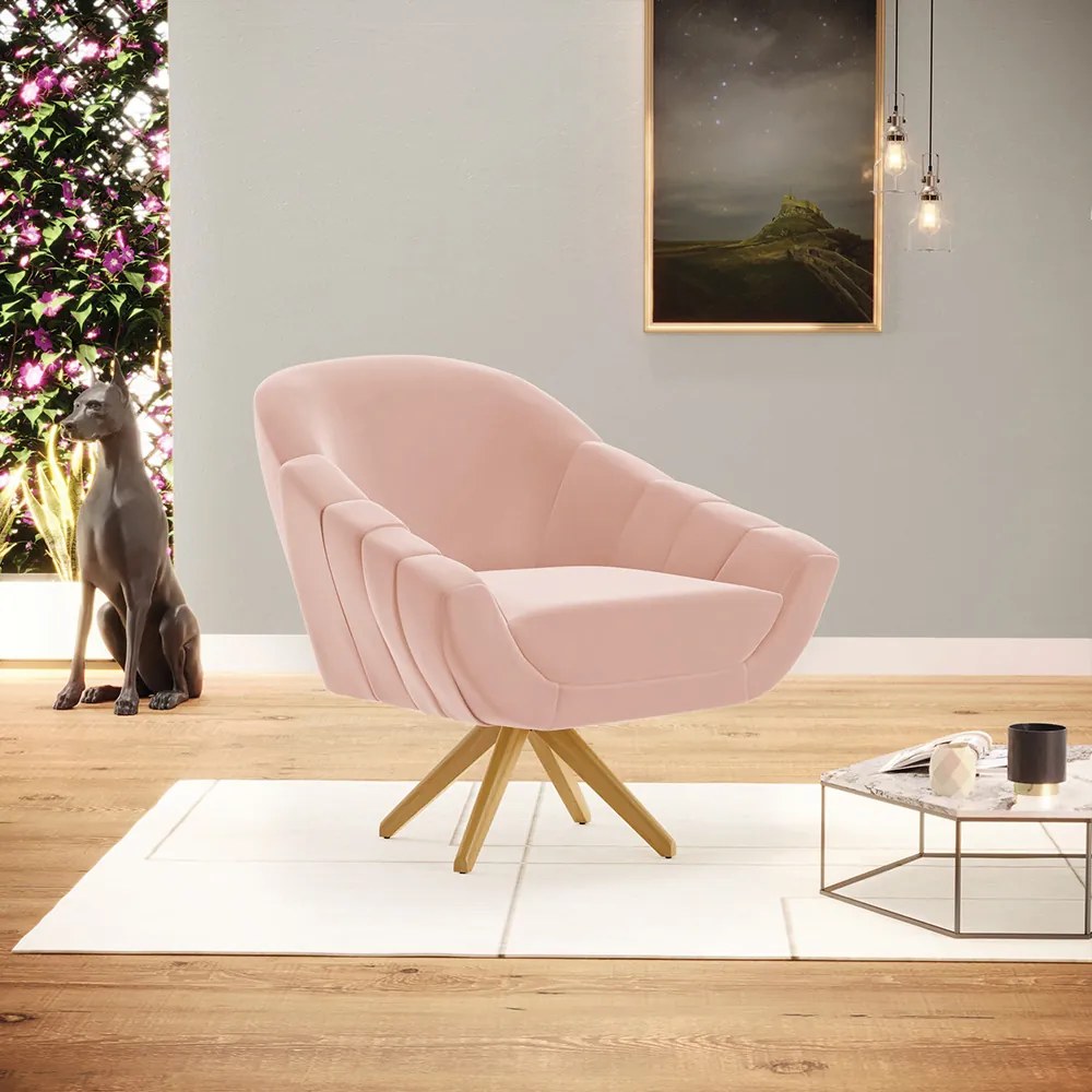 Poltrona Giratória Giovana Veludo Base Maderia MA30 D03 - D'Rossi - Rose