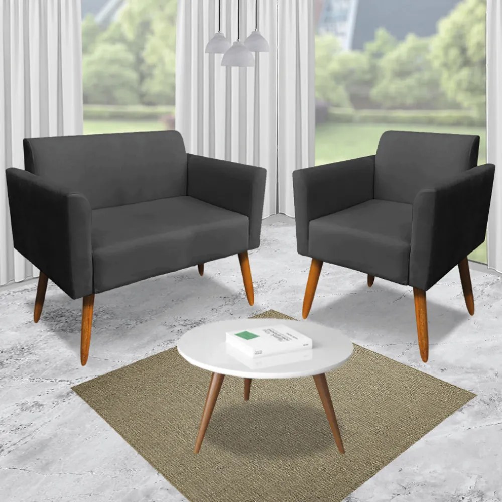 Conjunto Namoradeira e 2 Poltronas Decorativas Isabella Pés Palito Madeira Suede Preto G19 - Gran Belo