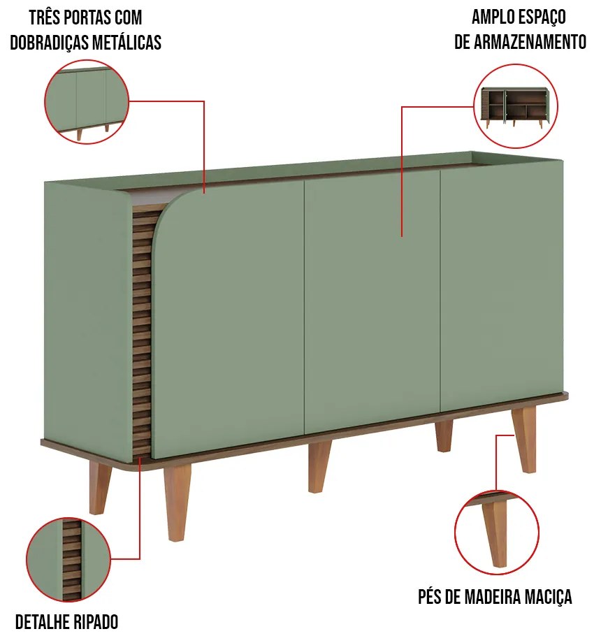 Aparador Buffet Sala de Jantar 3 Portas Ewa 136cm Verde Pistache/Amêndoa H01 - D'Rossi