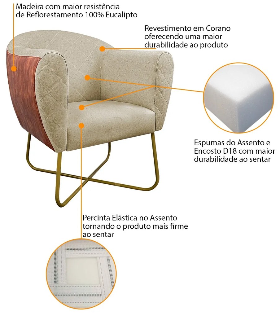 Poltrona Grazi Base X Dourada Sintético Nozes Linho - ADJ Decor