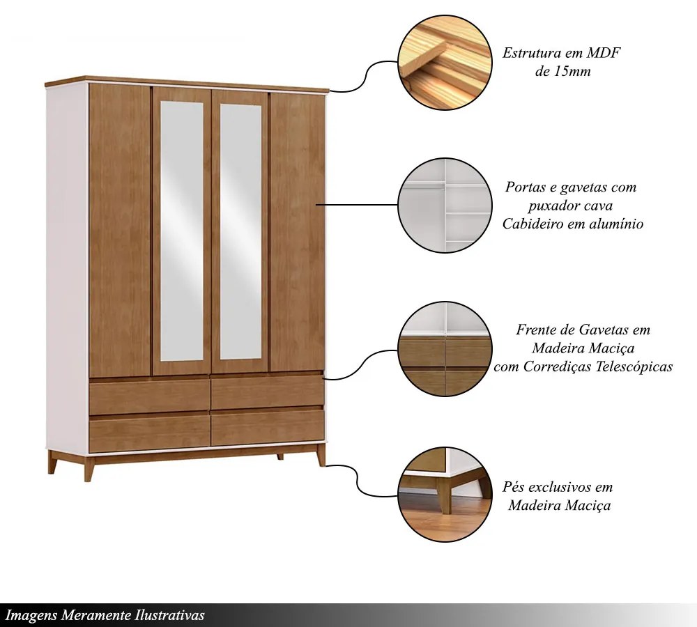 Guarda Roupa MDF 4 Portas Cullen 4 Gavetas OffWhite/Freijó G74 - Gran Belo