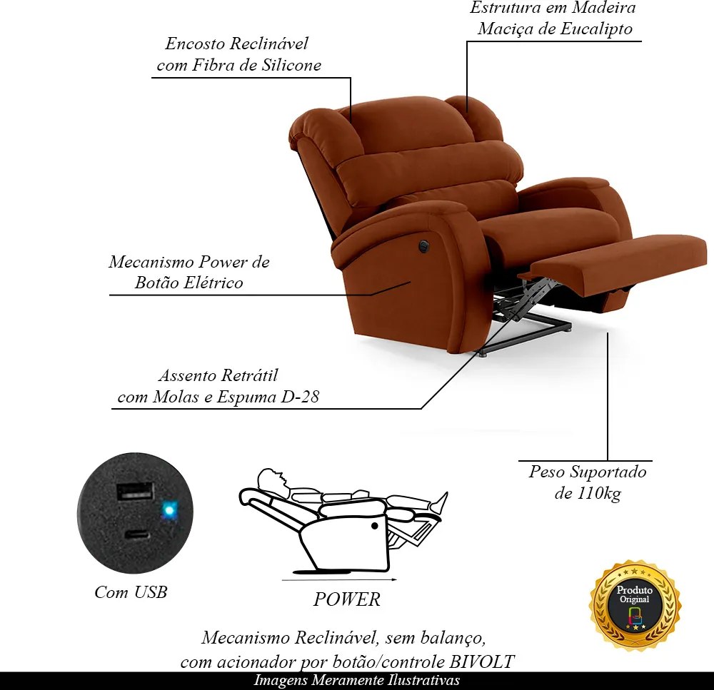 Poltrona do Papai Sala de Cinema Reclinável Kylie Power Elétrica USB Veludo Terracota G23