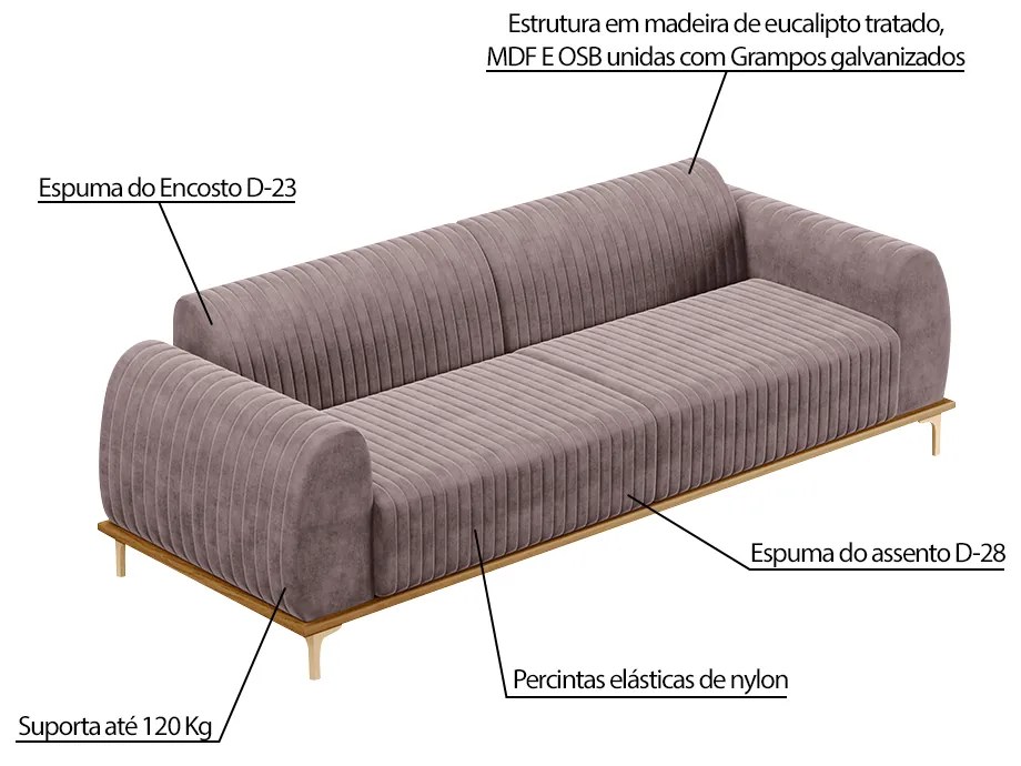 Conjunto Sofá 3 Lugares e Poltrona Base de Madeira Euro 210 cm Veludo Rosê G15 - Gran Belo