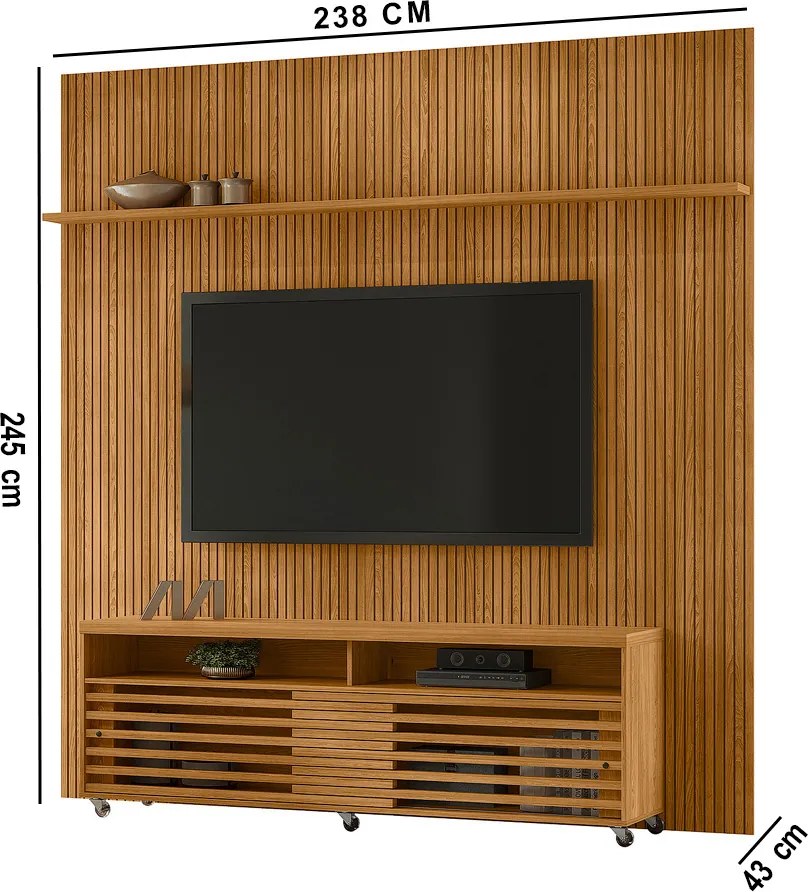 Painel TV 75 Pol 238cm Ripado Kalven com Rack Bancada Nerion M20 - D'Rossi - Cumaru(fosco)