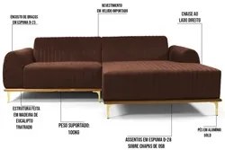 Sofá 350cm 6 Lugares com Chaise Direito Pés Gold Molino C-276 Veludo T