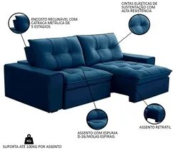 Sofá Retrátil Reclinável 3 Lugares 210cm Argon F05 Veludo Azul - Mpoze