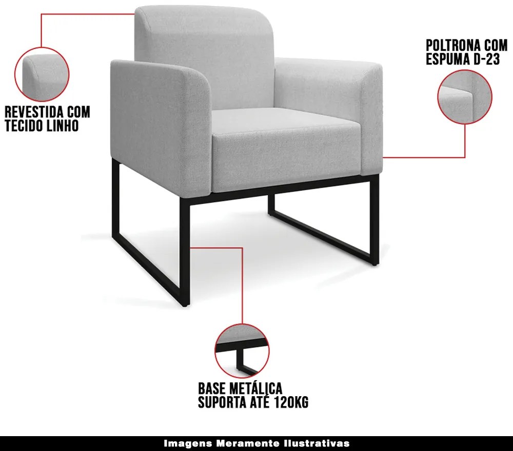 Poltrona Decorativa Isabella Base Industrial Linho Cinza/Preto G19 - Gran Belo