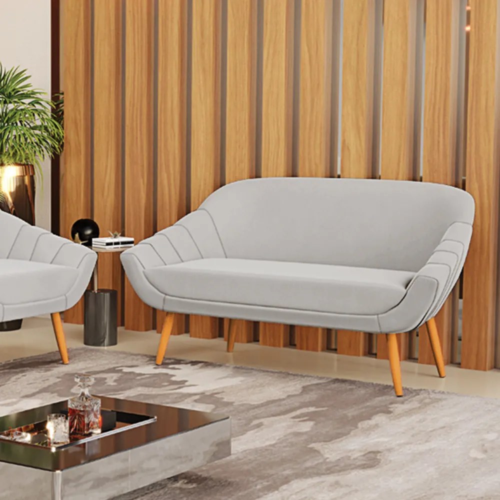 Namoradeira 02 Lugares Giovana Veludo Pés Palito Castanho - Indo Decorar - Cinza