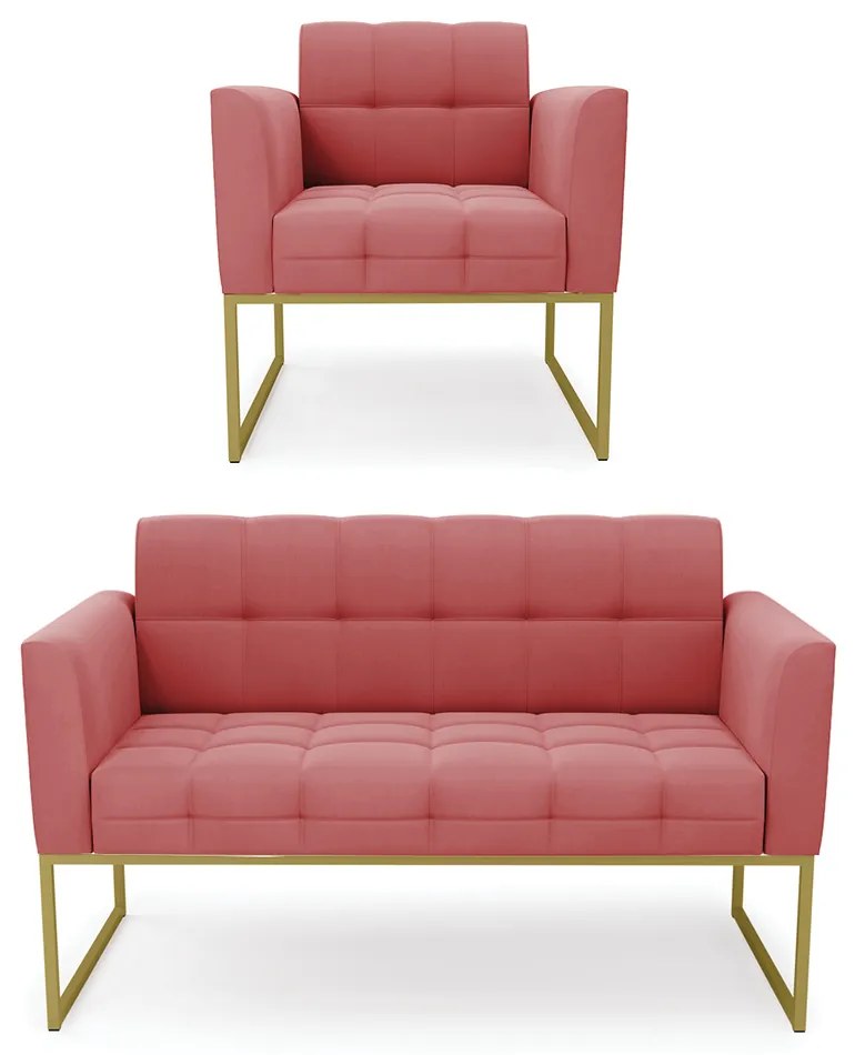 Kit 1 Sofá Namoradeira e 1 Poltrona Elisa Suede Base Metálica Industrial Dourado D03 - D'Rossi - Rose