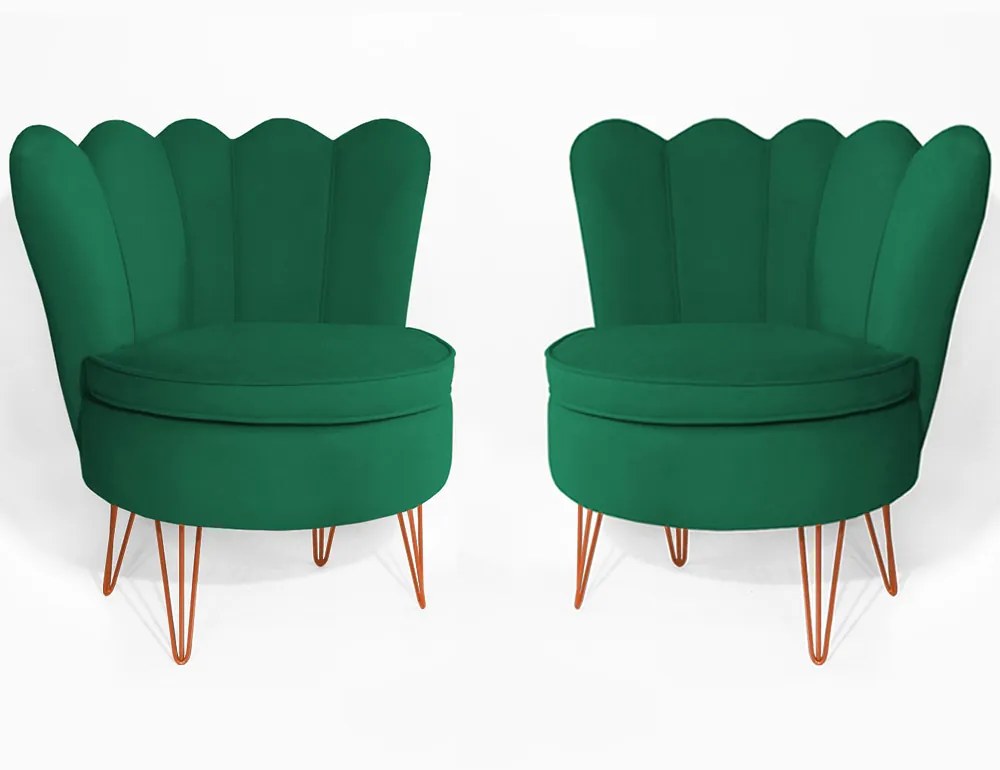 Conjunto 2 Poltrona Dália com 2 Puff Chloe Pés Hairpin Legs Bronze Veludo Verde Bandeira