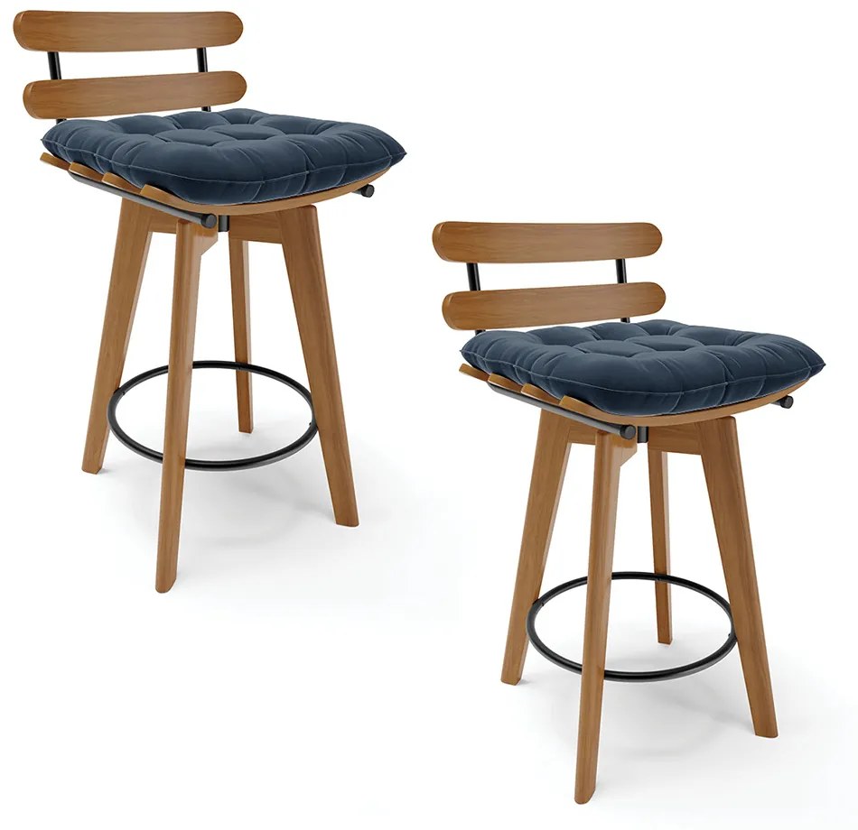 Kit 02 Banquetas Giratória Costela Suede Azul Marinho Base Madeira MA70 - D'Rossi