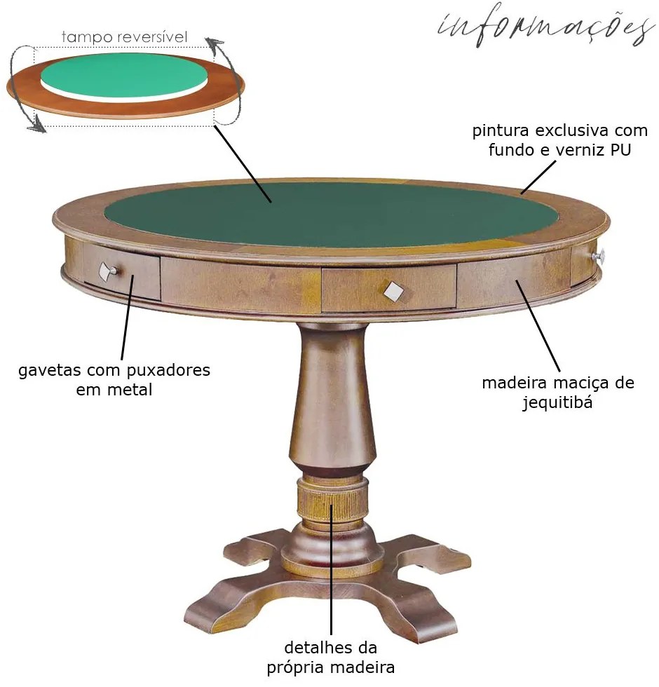 Mesa de Jogos Carteado Victoria Redonda Tampo Reversível Amêndoa com Kit 4 Cadeiras Liverpool Corino Preto Liso G36 G15 - Gran Belo