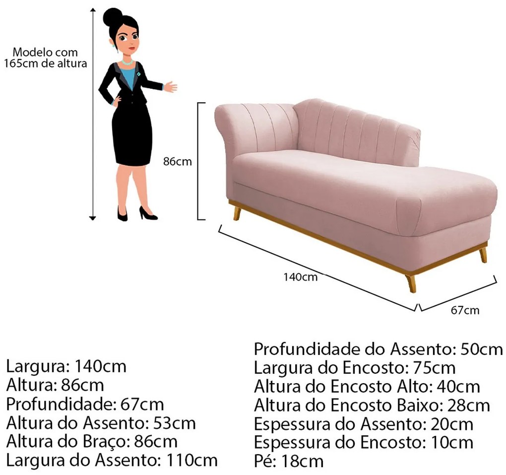 Recamier Vanessa 140cm Lado Esquerdo Suede Rosê - ADJ Decor
