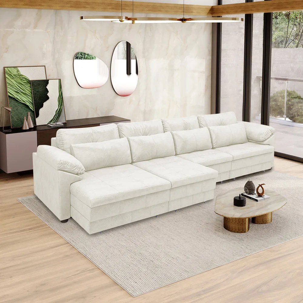 Sofá Retrátil Elétrico Sala de Estar Nolan Bipartido 414cm Conforto Premium em Couro Branco Manchado G58 - Gran Belo