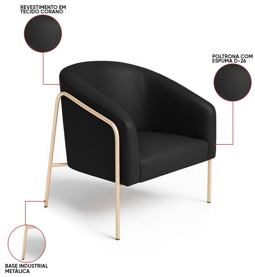 Poltrona Sala Industrial Alta Champanhe Kit 2 Stella Sintético PU D03 - D'Rossi - Preto