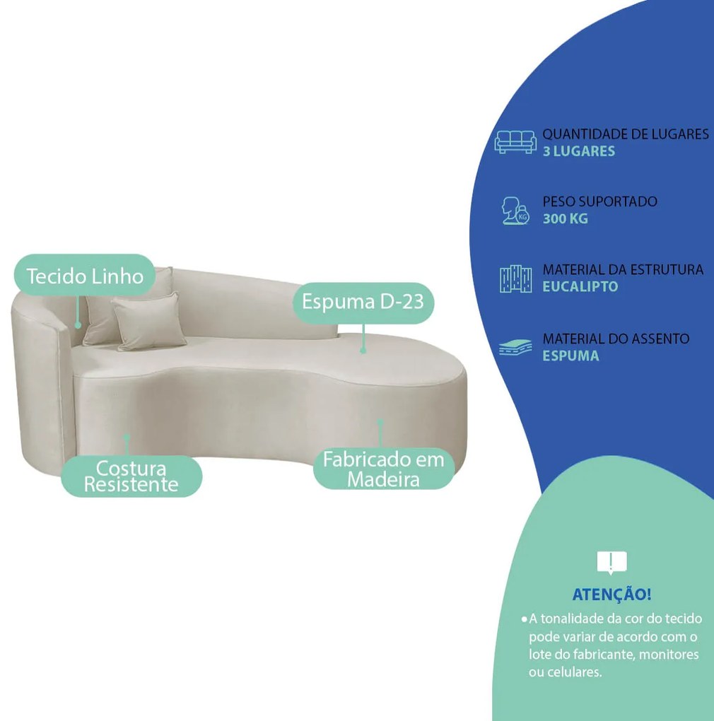 Kit Recamier Curvo Sala de Estar Inglaterra 200cm Lado Direito e 2 Poltronas Orgânica Luxo Amore Linho