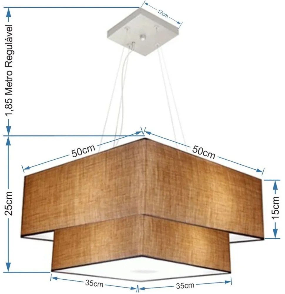 Lustre Pendente Duplo Quadrado Vivare Md-4066 Cúpula em Tecido 50x35cm Palha - Bivolt